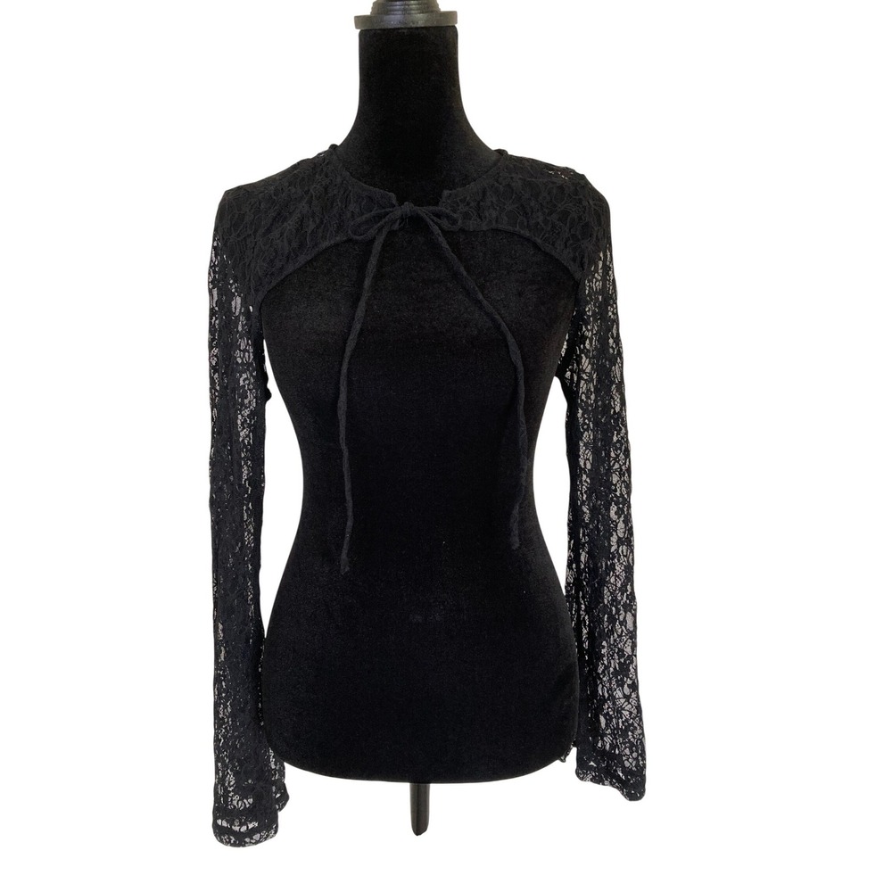 Hesperus Black Floral Lace Shrug Bolero Long Sleeve Front Tie Sheer HT11802 M